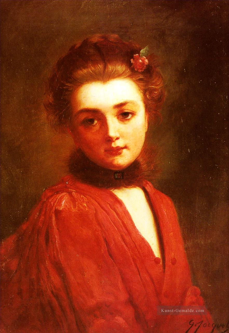 Porträt eines Mädchens in einem roten Kleid Dame Gustave Jean Jacquet Ölgemälde